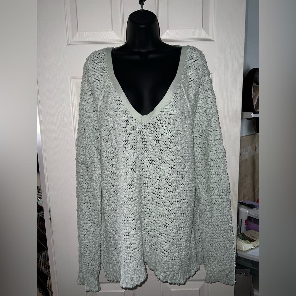 FREE PEOPLE Songbird Nubby Knit V-Neck Sweater Mint Green